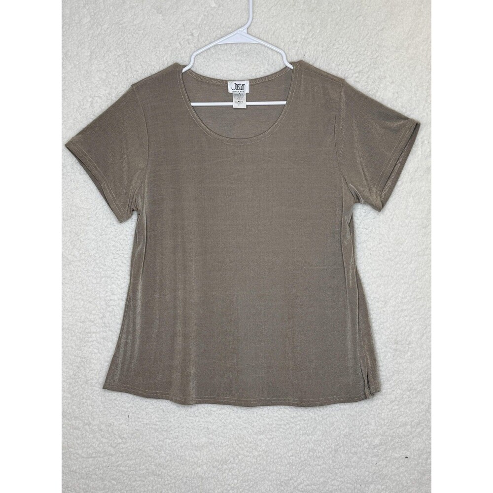 Jostar Shirt Womens Medium Taupe Brown Short Sleeve Scoop Neck Made USA Top Soft